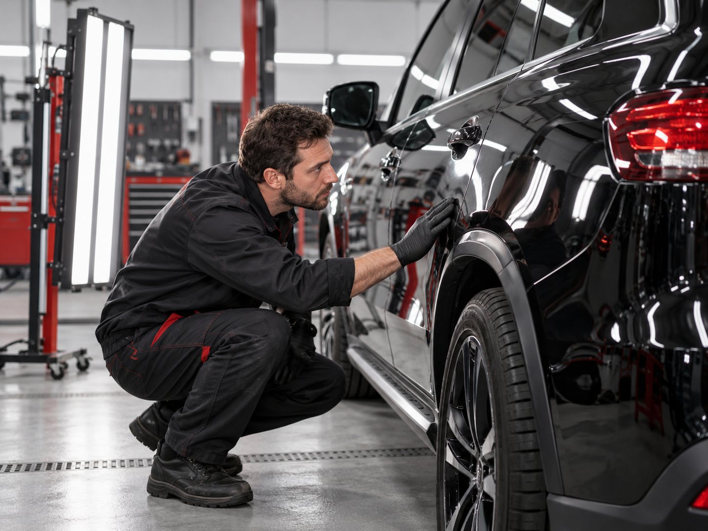 Technician closely examining a vehicle&rsquo;s body panel in a professional workshop