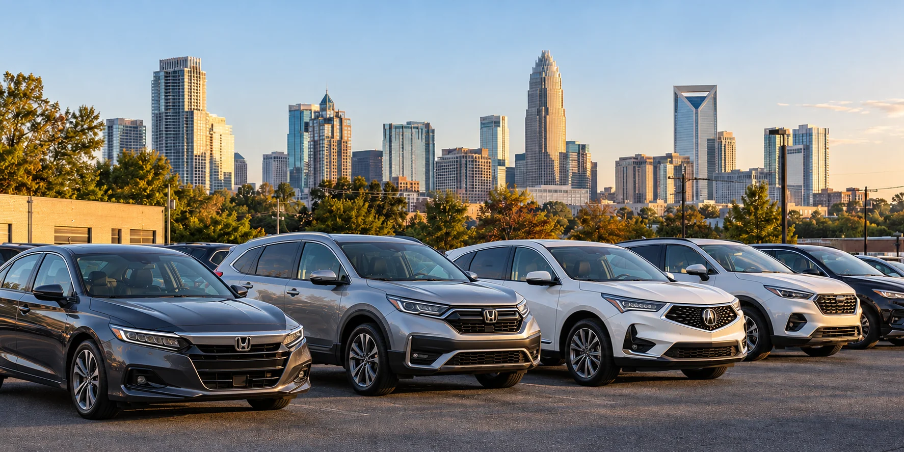 Illustration of everyday cars and SUVs against a city skyline